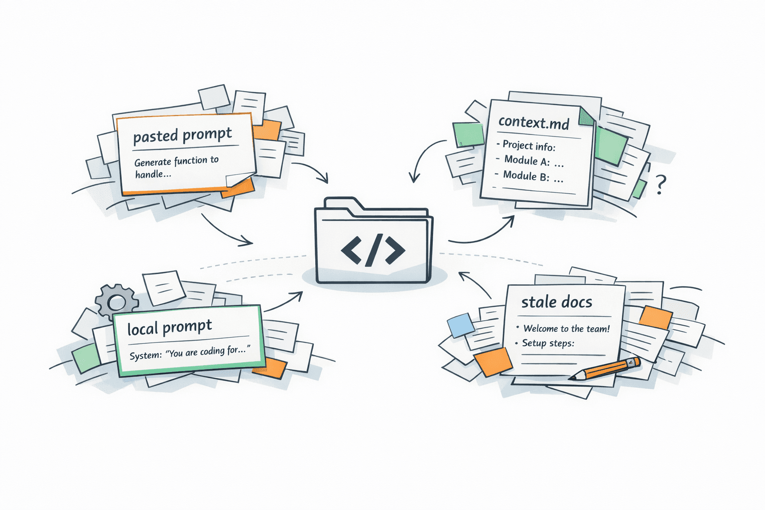 Illustration showing pasted prompts, context markdown files, local prompts, and stale docs scattered around a repo as disconnected workaround layers.